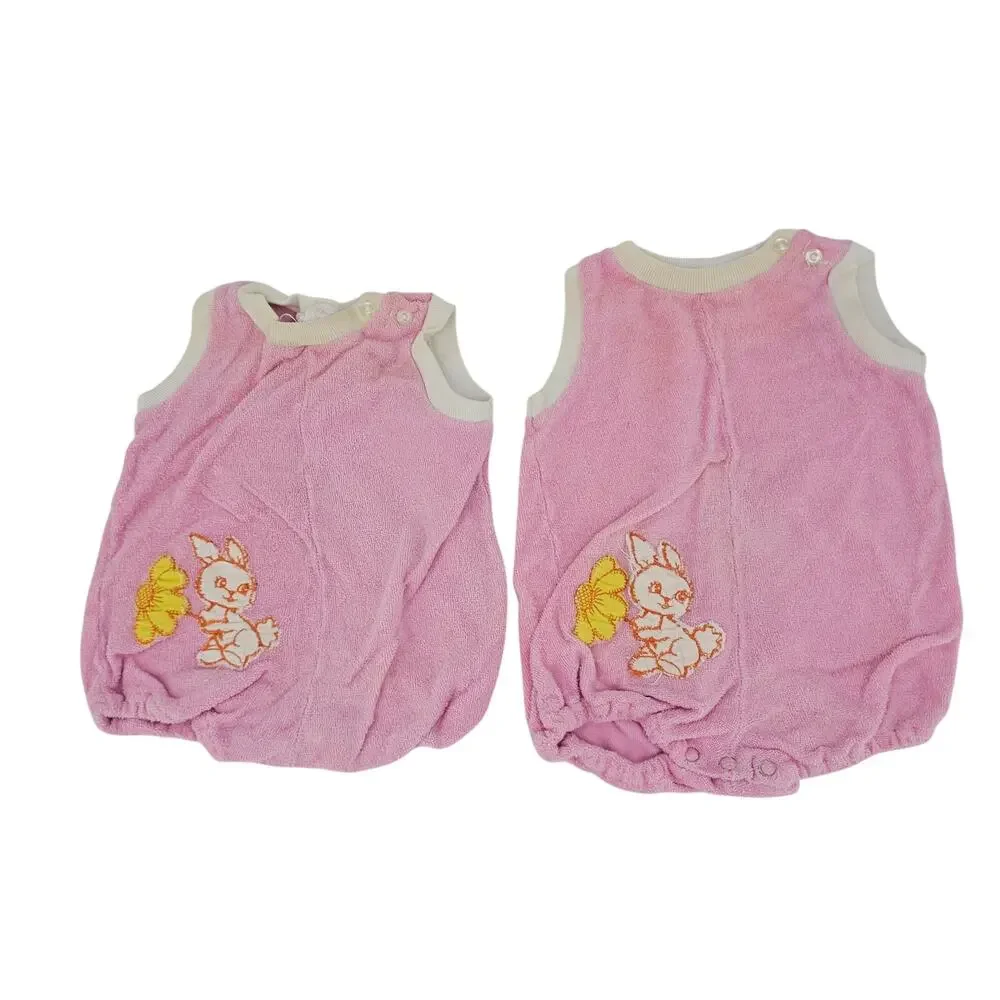 Vintage 70's Pastel Pink & Bunny Terry Cloth Bubbler Romper Twin Girls 9 mo 4029